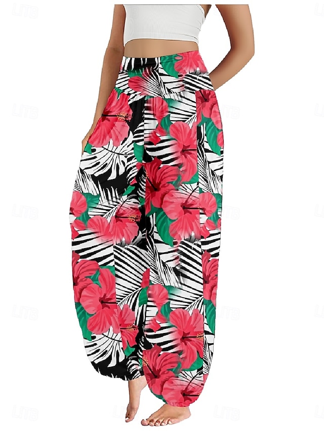  Femmes Pantalon inspiré du lin Jambe large Pantalons Style Ethnique Occasionnel Boho Longueur complète Taille haute Fleuri Feuille Tropical Avec Poches Taille Élastique Impression Respirabilité Doux
