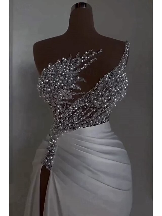 Mermaid / Trumpet Evening Gown Elegant Dress Carnival Masquerade Floor Length Sleeveless Off Shoulder Satin with Pearls Overskirt4