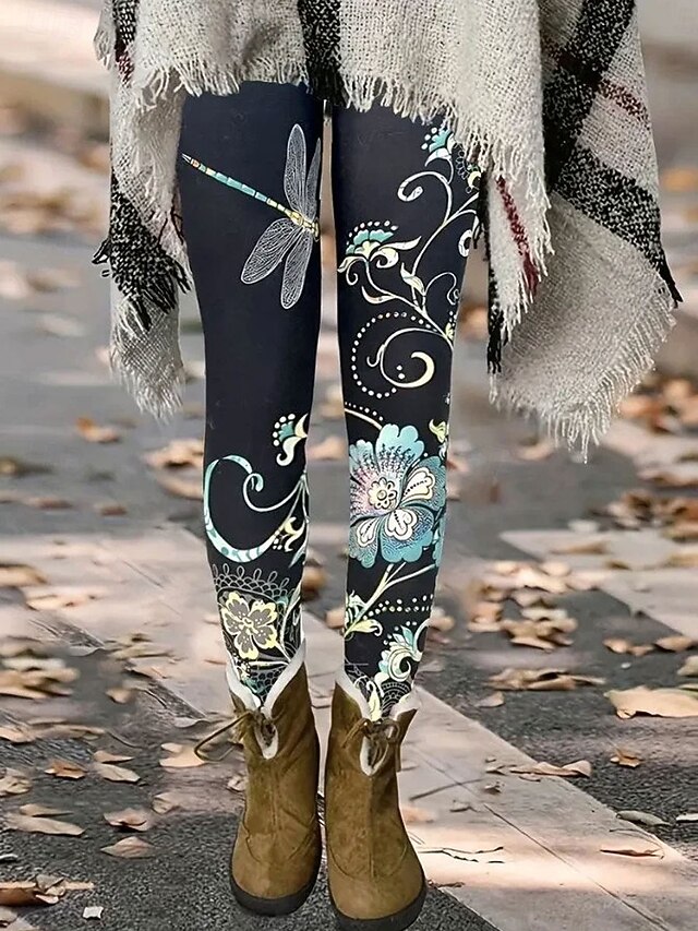 Women's Leggings Vintage Fashion Basic Ankle-Length High Waist Floral Graphic Printing Thermal Warm Soft Breathable Stretchy Vacation Casual Daily Red Blue Spring Slim Fit3