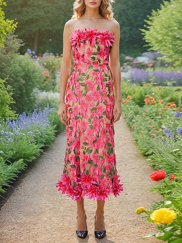 Robes Fourreau  Colonne Robe Rose Fuchsia Invité de Mariage Robe de Cocktail Sans Manches Sans Épaule Fleurs avec Dentelle Brodée