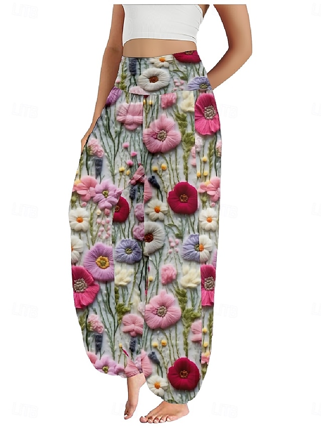  Dame Lin-inspirerte bukser Bred Bukseben Bukser Etnisk stil Fritid Bohem Full lengde Høy Midje Blomstret Lomme Elastisk midje Printer Pusteevne Myk Mikroelastisk utendørs Yoga- og dansesko Rosa Lilla