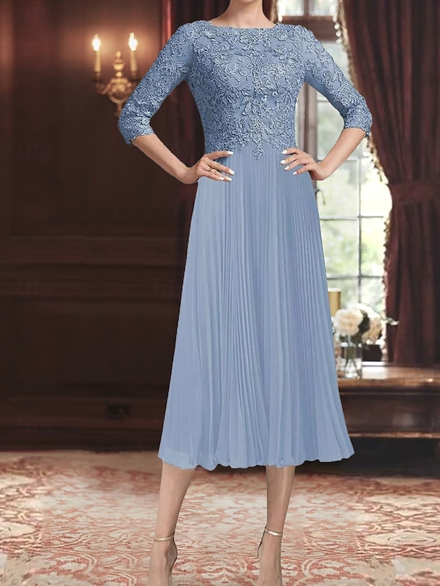  Robe Robe de Mère de Mariée  Élégant ancien Simple Col ras du cou Longueur thé Polyester Manche 3/4 avec Dentelle Couleur Unie 2025