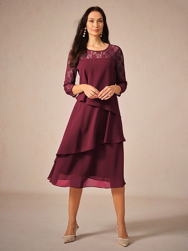 Women's Tea Length Lace Dress Party Dress Cocktail Dress Wedding Guest Dress Elegant Party Vacation Wedding Guest Cocktail Party Regular Fit Solid Color 3/4 Length Sleeve Crew Neck Wine Spring Fall4