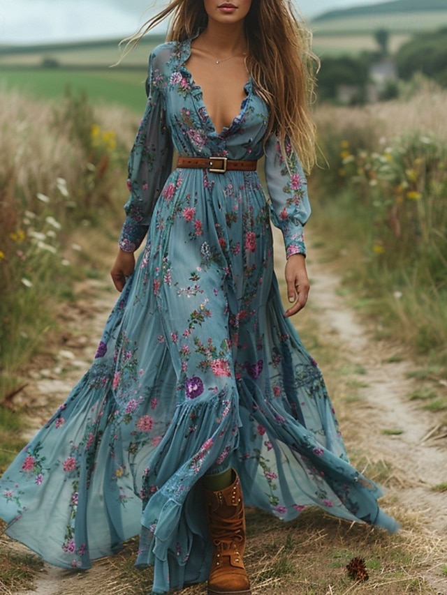  Damen Langes Kleid Maxikleid Blumenkleid Boho-Kleid Westernkleid Elegant Mode Modern Outdoor Urlaub Täglich Normale Passform Blume Langarm V Ausschnitt Blau Sommer