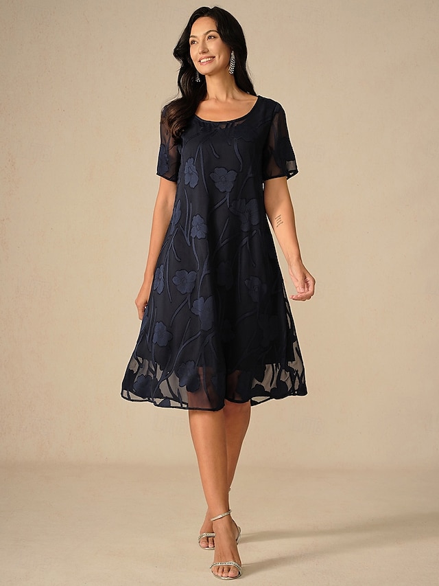  Dame Knelang kjole Chiffonkjoler Elegant Fritid Løstsittende Blomstret Kortermet Crew-hals Navyblå Sommer