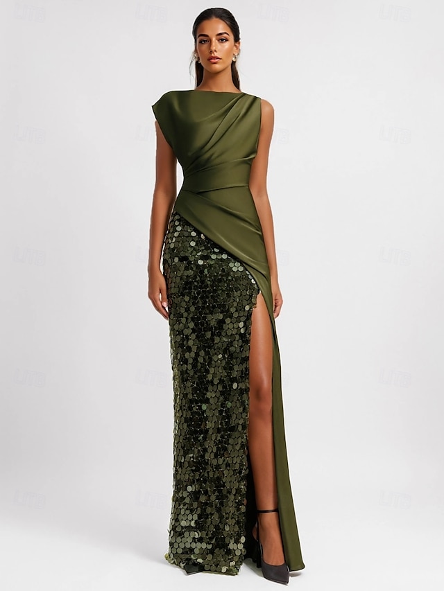  A-Linje Kvällsklänning Elegant Klänning Formell Golvlängd Ärmlös Rund Hals Ficka Italien Satin med Glitter Rynkad