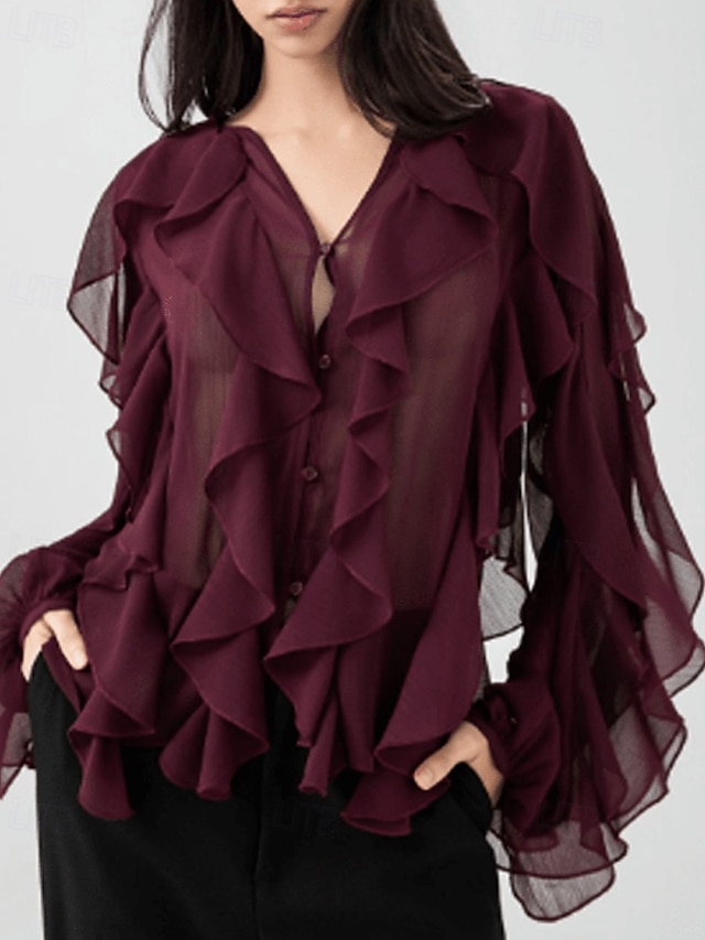  Femmes Chemise Chemisier Uni Élégant Moderne manche longue Col en V Hauts Réguliers Fête Sortir Superposé Vin Été