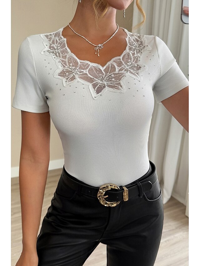  Pentru femei Bluză Topuri din dantela Simplu Elegant Modern Manșon scurt Stil Nautic Topuri obișnuite Concediu Ieșire Dantelă Negru Alb Vară