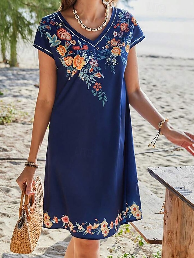  Damen Minikleid Sommerkleid Boho-Kleid Mode Modern Täglich Strand Wochenende Normale Passform Blumen Kurzarm Rundhalsausschnitt Blau Sommer