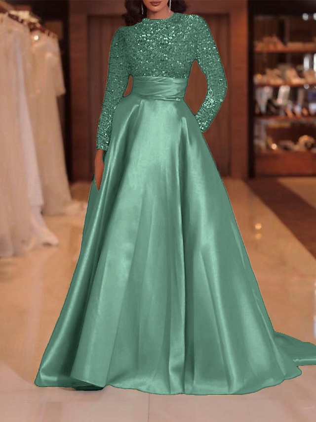 A-Line Evening Gown Elegant Dress Formal Court Train Long Sleeve Square Neck Sequined with Sequin Slit main image 1