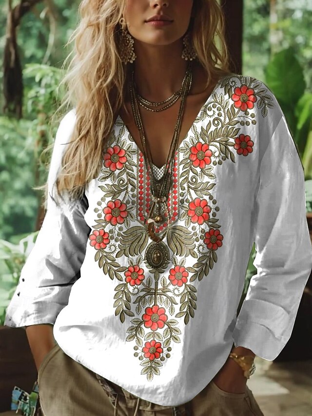 Women's Boho Blouse Floral Graphic Paisley Bohemia Vintage Tropical 3/4 Length Sleeve V Neck Regular Tops White Pink Green Summer Spring4
