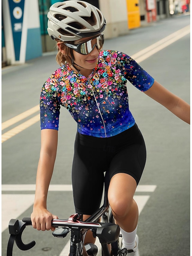  Femmes Maillot de cyclisme Manche Courte Cyclisme Maillot Top avec 3 poches arrière Écran solaire Résistant aux UV Respirant Séchage Rapide Bleu de minuit Des sports Vêtement Tenue
