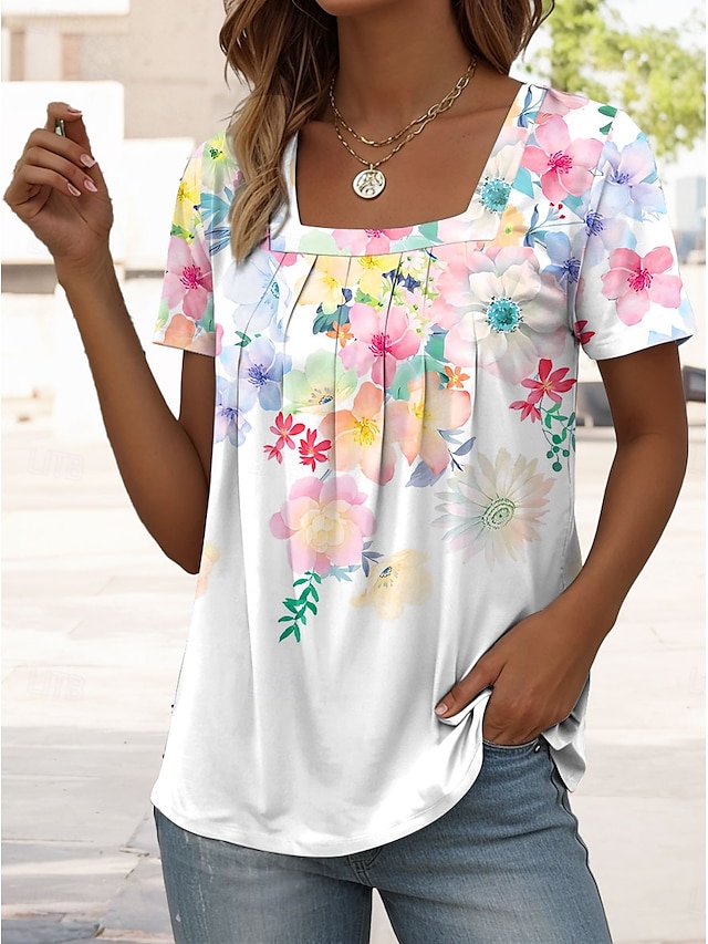  Femmes T-shirt Fleuri Graphique ancien Élégant Classique Manche Courte Col carré Hauts Réguliers Quotidien Week-end Imprimé Blanche Été