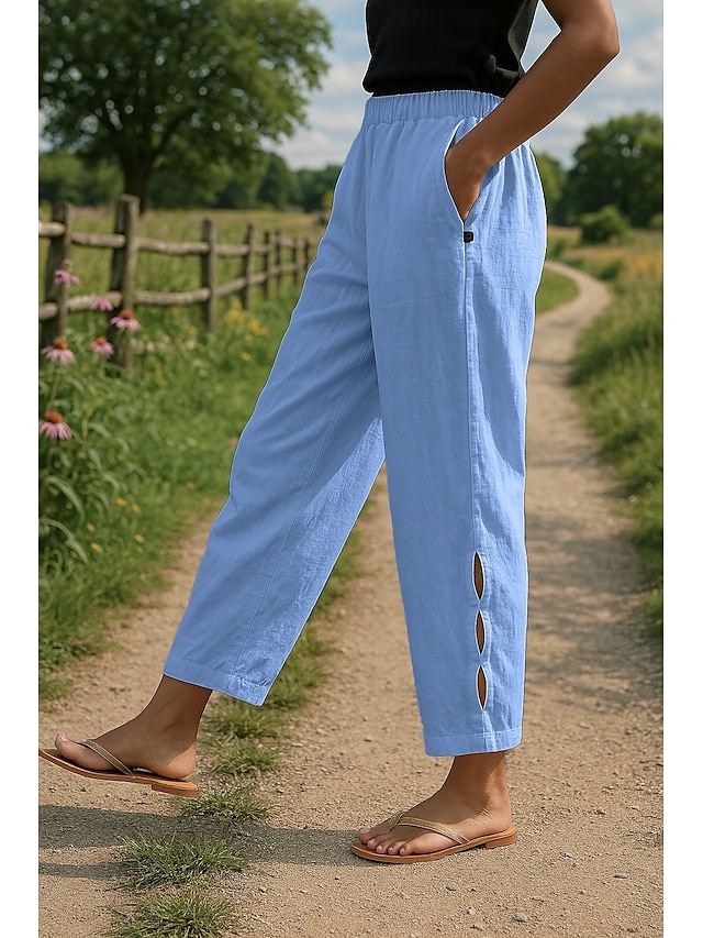  Per donna Pantaloni in cotone e lino Essenziale Lunghezza intera Vita Alta Semplice Tasca Elastico in vita Foro Comodo All'aperto Confortevole Streetwear Abbigliamento quotidiano Uscire Bianco Blu
