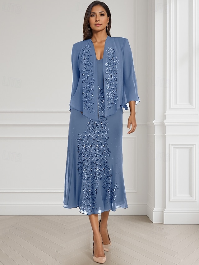  Due Pezzi Linea ad A Abito da cerimonia per signora Formale Ospite di nozze Elegante Collo quadrato Lunghezza al pavimento Chiffon Manica Lunga Con Stola con Pizzo A balze Ricamo 2025