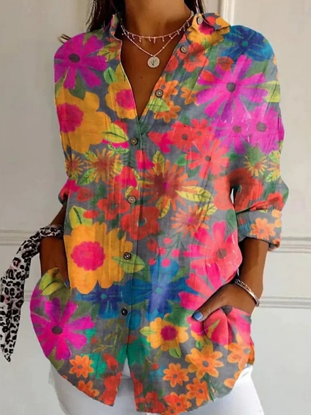  Dames Overhemd Bloemig Gestreept Stijlvol Modern Lange mouw Overhemdkraag Normale tops Dagelijks Feestdagen Zak Knop Afdrukken blauw Paars Fuchsia Oranje Zomer