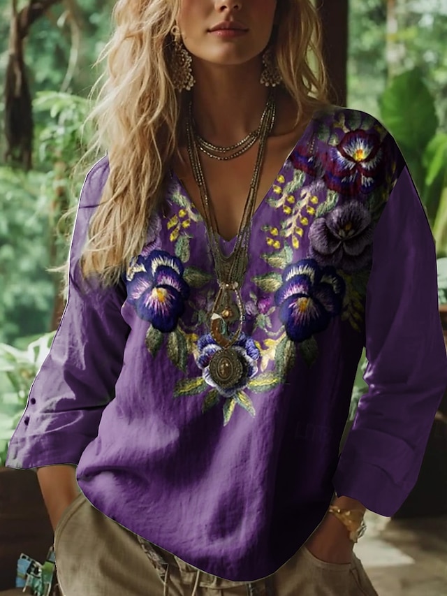  Kvinnenes Boho Bluse Blomster Grafisk Bohemia Vintage Tropisk 3/4 Lengde Erme V U-Hals Regular Tops Rød Sommer Vår