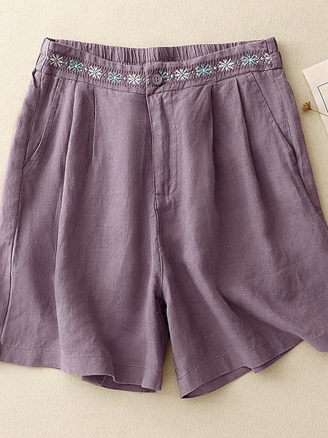  Women's Cotton Linen Shorts Shorts Slacks Casual Short Natural Flower Pocket Printing Comfy Comfortable Street Going out Sapphire Blue Dark Navy Purple Orange Summer Regular Fit