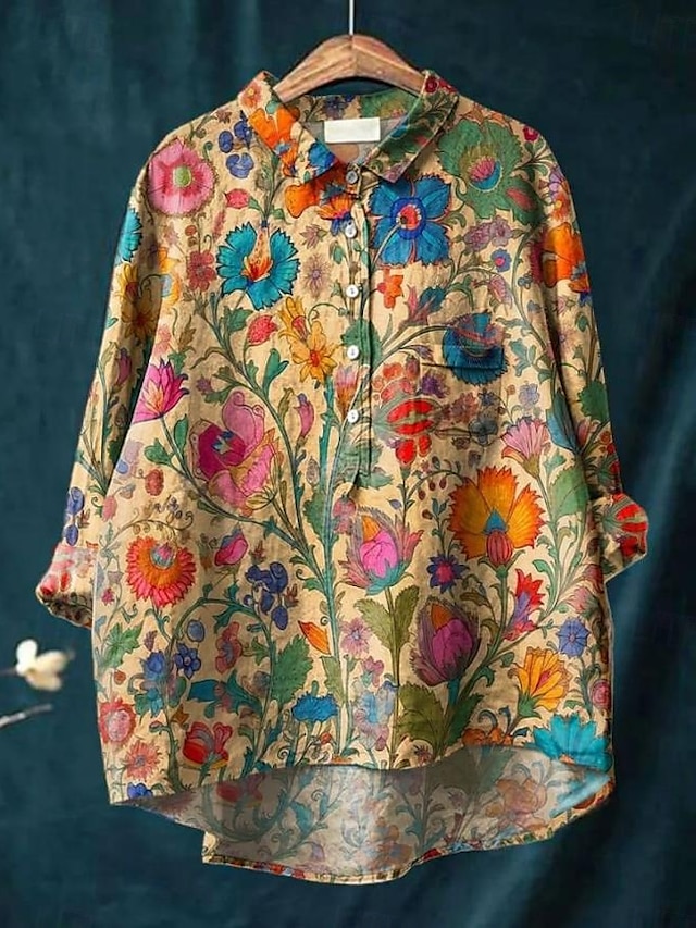  Per donna Camicia Tinta unica Floreale Bohemien Quotidiano Elegante Manica Lunga Colletto a Camicia Top Regolari Quotidiano Ferie Uscire Patchwork Bottoni Stampato Bianco Giallo Blu Arancione Verde