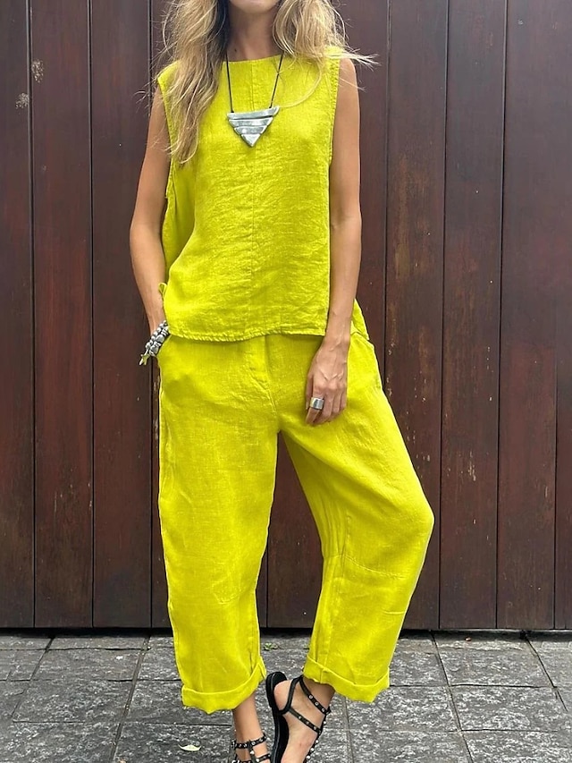  Femmes Actif Chemisier Ensembles de Pantalons Sans manches Col ras du cou Couleur Unie Fête Week-end Noir Jaune Bleu Été Coupe régulière