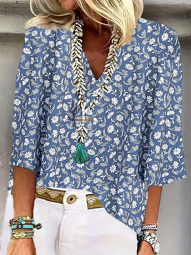 Women's Blouse Button Down Floral Graphic Flower Stylish Beach Short Sleeve V Neck Regular Tops Daily Print Blue Summer Spring4
