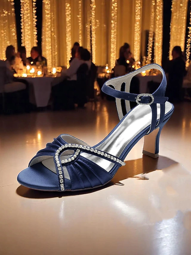 Women's Navy Blue Satin Rhinestone Heeled Sandals – Elegant Open-Toe Dress Shoes for Cocktail Party, Wedding & Evening Events 15