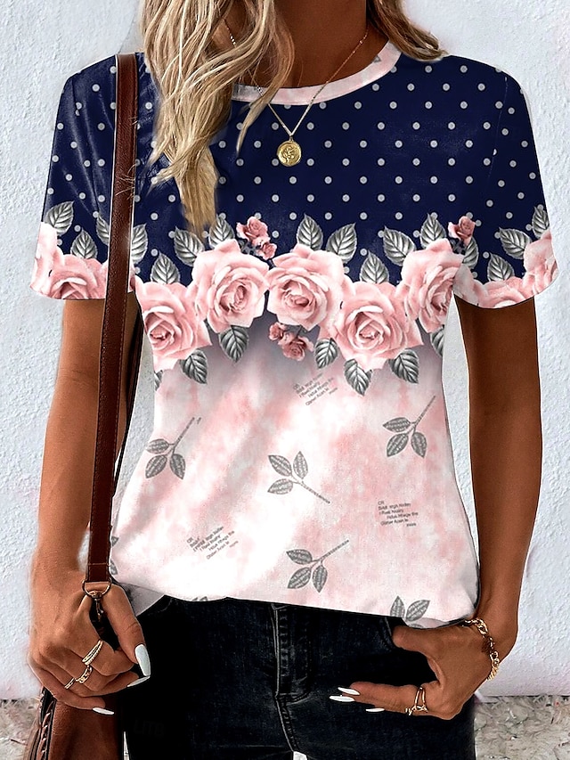  Femmes T-shirt Fleuri Graphique À pois ancien Élégant Classique Manche Courte Col ras du cou Col rond Hauts Réguliers Quotidien Imprimé bleu marine Été