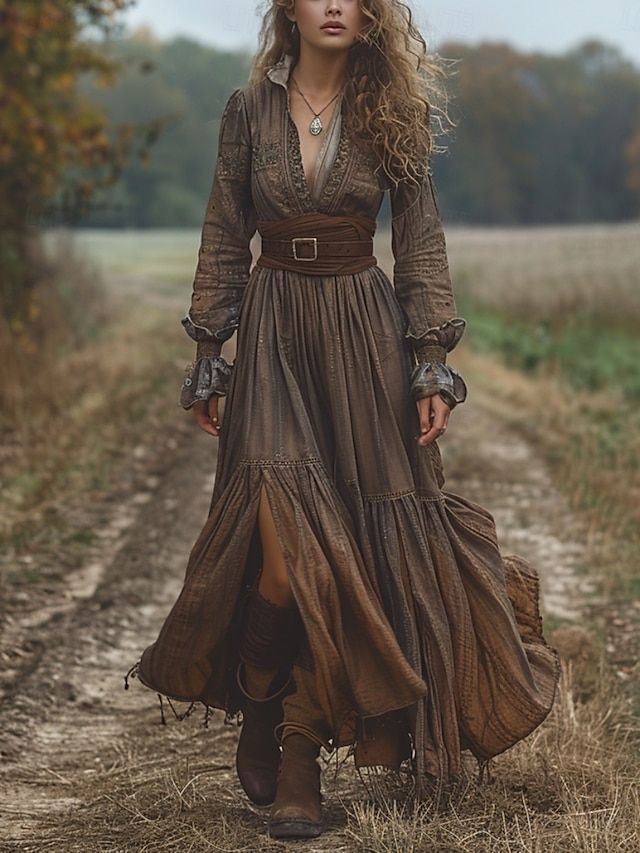  Damskie Długa sukienka sukienka maxi Codzienne sukienki Sukienka rozkloszowana Letnie sukienki Sukienka Boho Zabytkowe Urlop Codzienny Święto Regularny Czyste kolory Długi rękaw W serek Brązowy Lato