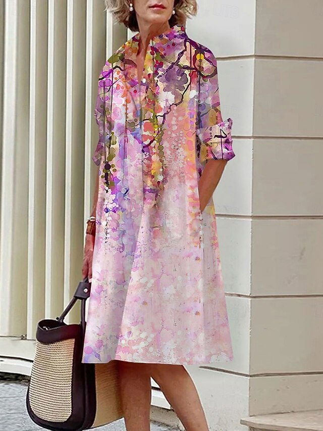 Women's Mini Dress Shirt Dress Casual Dress Summer Dress Fashion Vacation Daily Weekend Regular Fit Floral Long Sleeve Shirt Collar Pink Purple Summer4