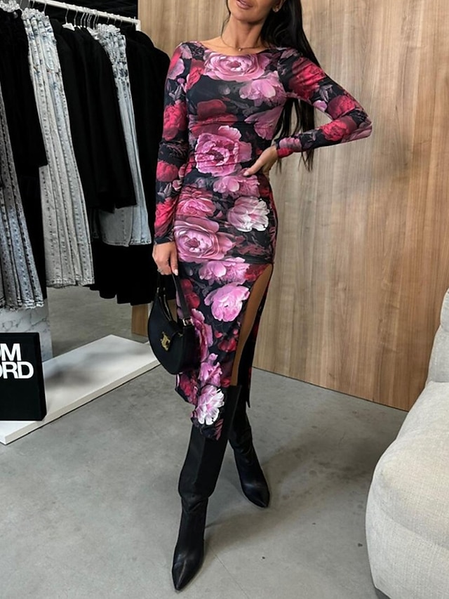  Damen Midikleid Blumenkleid Sommerkleid Mode Modern Täglich Date Wochenende Normale Passform Blume Langarm Rundhalsausschnitt Schwarz Weiß Rose Sommer