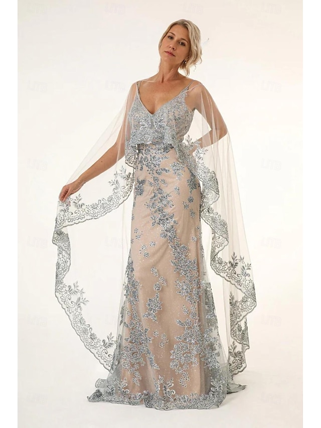  Sparkle Zeemeermin  Trompet Moeder van de Bruid Cape Jurk Strand Bruiloft Elegant Simpel Luxe V-Hals Vloer Lengte Bloemen Kant Tule