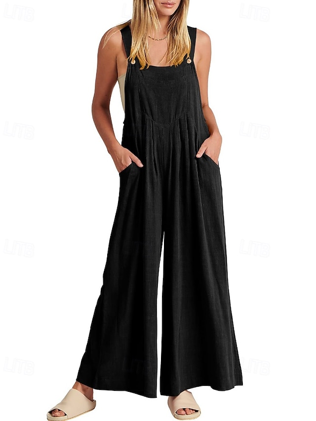  dame normal dungarees jumpsuit streetwear ensfarvet ærmeløs u-hals lomme gade daglig normal pasform sort gul lysegrøn sommer
