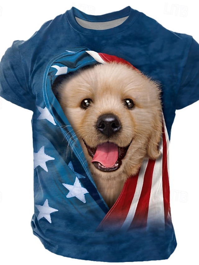 愛国的なゴールデンレトリバーの子犬、ヴィンセント・ハイ、メンズ 3D Tシャツ、半袖 Tシャツ、3Dプリント、クルーネックシャツ、ファッション、誇張、日常、パーティー、ストリート、カジュアル、ブルー、夏、春、オールシーズンの服