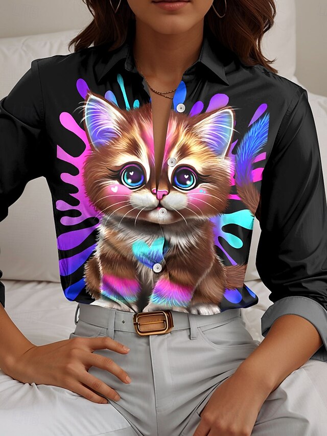  Lil Kitty di Sheena Pike Camicia da donna a maniche lunghe con colletto a bottoni grafica animale gatto stilosa moderna casual colletto regolare top da lavoro quotidiano stampa bottoni neri primavera