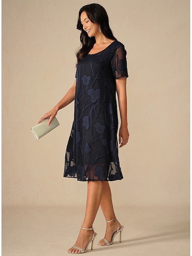  Dame Knelang kjole Chiffonkjoler Elegant Fritid Løstsittende Blomstret Kortermet Crew-hals Navyblå Sommer