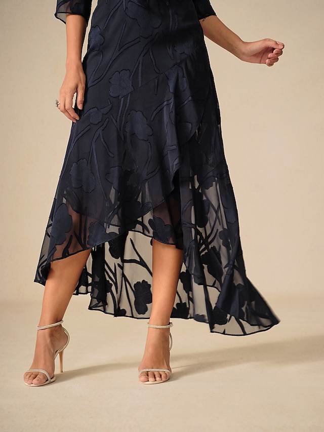  Femmes Robe maxi Robe à Volants Élégant Mariage robe demoiselle d honneur Soirée Fleuri Sans manches Col en U bleu marine Été Printemps