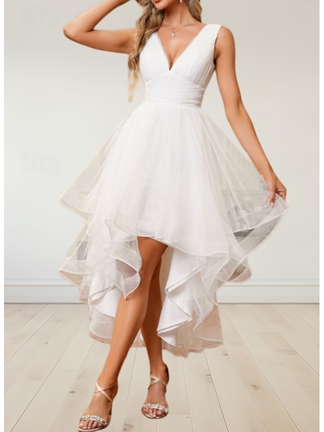 Petite robe blanche d'engagement Robes de douche nuptiale Robes de mariage A-Ligne Col en V Sans manches Asymétrique Satin Robes de mariée avec plis Drapés