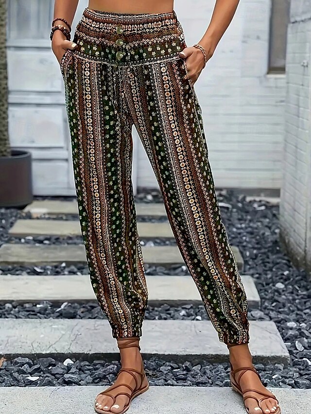  Pentru femei Jogger Pantaloni Vacanță Boho Lungime totală Talie medie Geometică Talie elastică Respirabil Comfortabil Micro-elastic Stradă Purtare Zilnică Ieșire Maro Închis Alb Rosu Verde Închis Vară