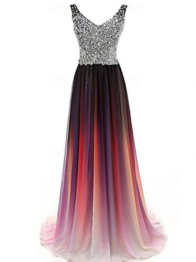 Vestidos A-Line Quinceanera Vestido Elegante Performance Convidada de Casamento Comprimento do Chão Sem Mangas Decote em V Chiffon Costas Nu com Plissado Beading