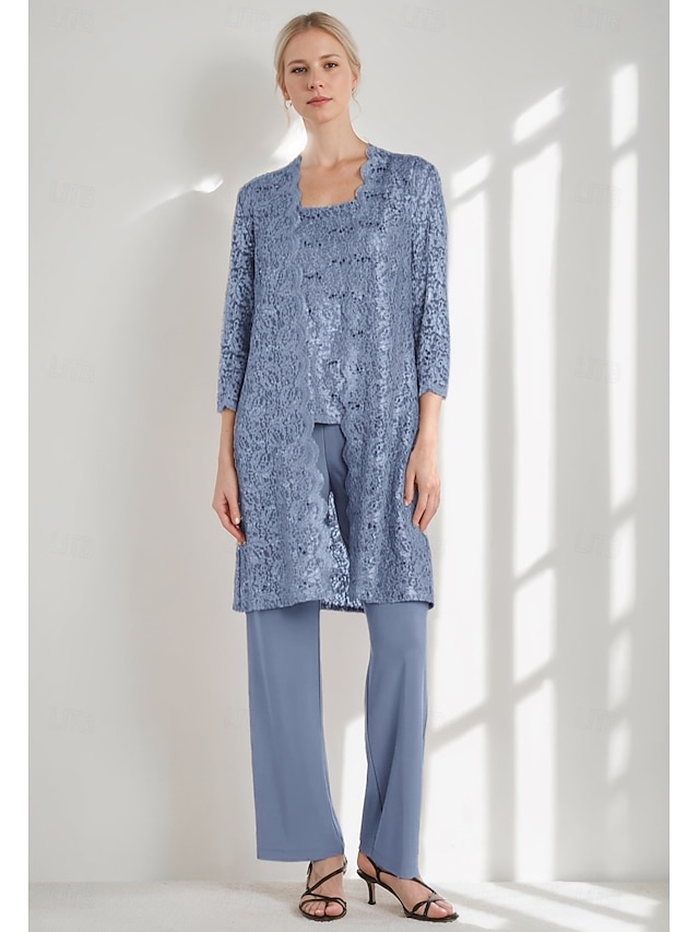  Macacão Vestido Para Mãe dos Noivos Convidado do casamento Igreja Elegante Vintage Gola Redonda Longo Chiffon Renda Manga Longa com Lantejoulas Bordado 2025