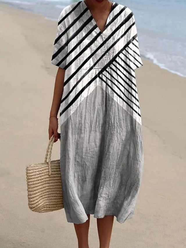  Damen Midikleid Sommerkleid A Linie Kleid Urlaub Lässig Strand Party Ausgehen Strand Lässiger Schnitt Grafik Geometrisch Kurzarm V Ausschnitt Weiß+Schwarz Dunkelbraun Asche Sommer Frühling