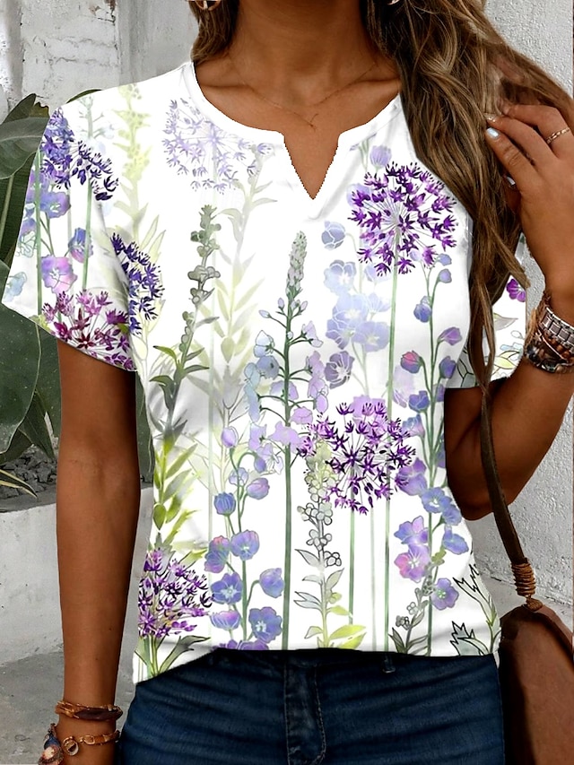  Dame T skjorte Blomstret Grafisk Planter Årgang Stilfull Klassisk Kortermet Hals med hakk Vanlige topper Daglig Helg Trykt mønster Lilla Sommer Vår