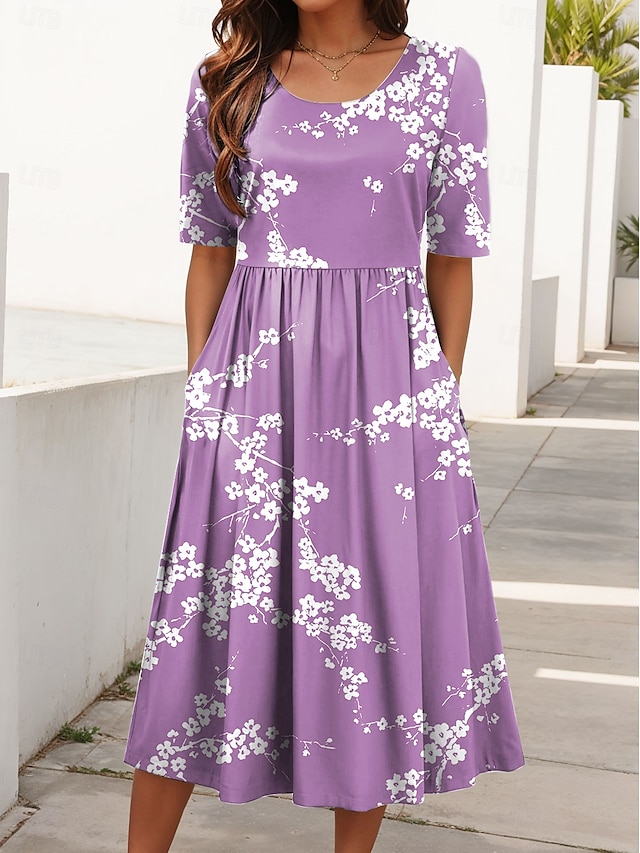  Pentru femei Rochii Midi Rochie de vară Rochie plisata Vacanță Casual Stiluri de Plajă Zilnic Concediu Fit regulat Floral Grafic Manșon scurt Stil Nautic Albastru piscină Mov Trifoi Vară