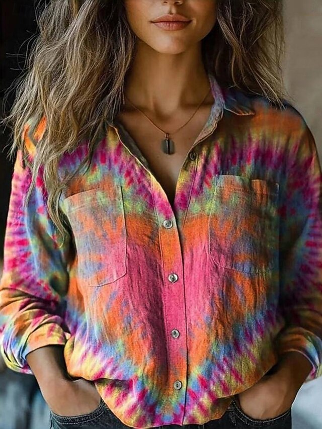Women's Shirt Tie Dye Stylish Modern Long Sleeve Shirt Collar Regular Tops Daily Holiday Buttons Pocket Print Yellow Purple Rainbow Summer4
