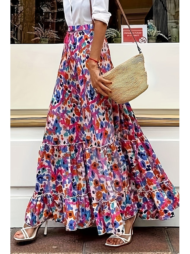  Women's Skirt Bohemia Fashion Boho Maxi Mid Rise Skirts Floral Print Micro-elastic Vacation Street Fuchsia Summer Polyester