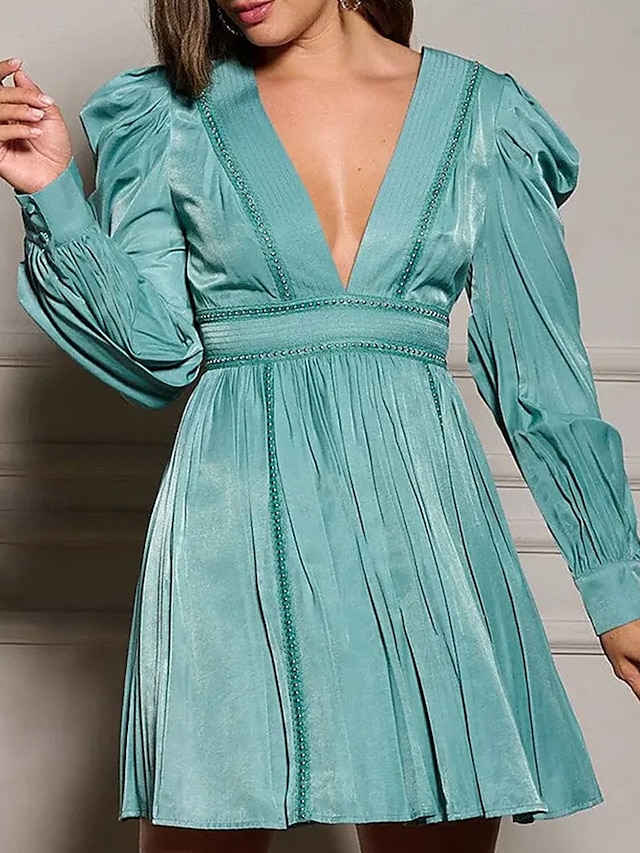  Damen Minikleid Abschlusskleid Freizeitkleid Sommerkleid Mode Modern Puffärmel Outdoor Ferien Date Normale Passform Einfach Langarm Tiefer V-Ausschnitt Grün Sommer