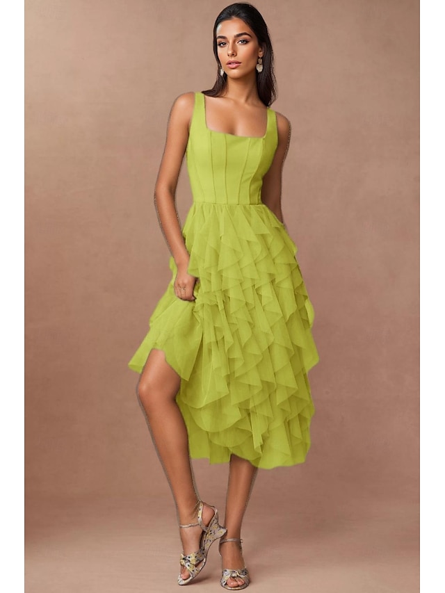  Robe Cocktail Verte A-Line Robe Corset Semi-Formelle Mariage Midi Sans Manches Col Carré Chiffon avec Volants