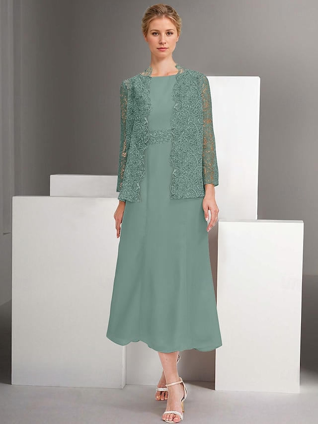  Seturi de rochii de 2 piese A-Line pentru mama miresei elegantă cu decolteu rotund lungime până la gleznă din chiffon cu mâneci lungi jachete cu dantelă brodată