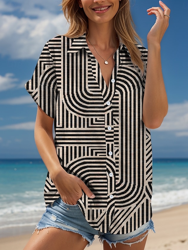  Women's Shirt Graphic Geometric Striped Vintage Tropical Daily Sleeveless Short Sleeve Cap Sleeve Shirt Collar Regular Tops Daily White Camel Summer Spring