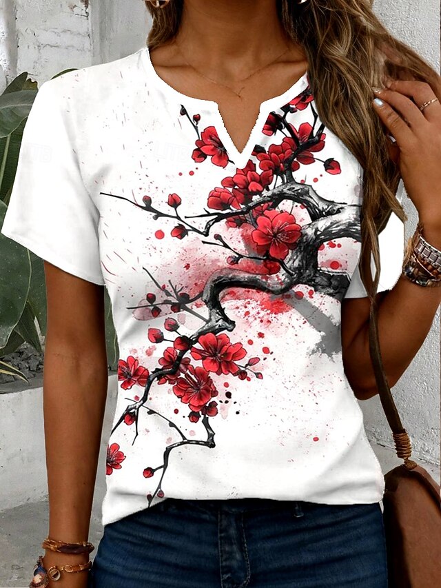Women's T Shirt Floral Graphic Plants Vintage Stylish Classic Short Sleeve Notched Neck Regular Tops Daily Weekend Print Red Summer Spring4